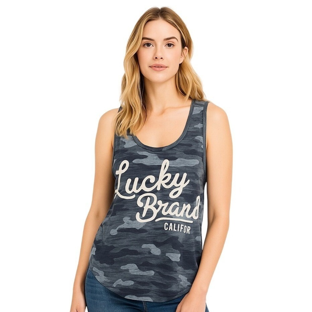 Lucky‎ Brand Women Camouflage Tank Top Blue Scoop Neck Graphic Casual Size Large